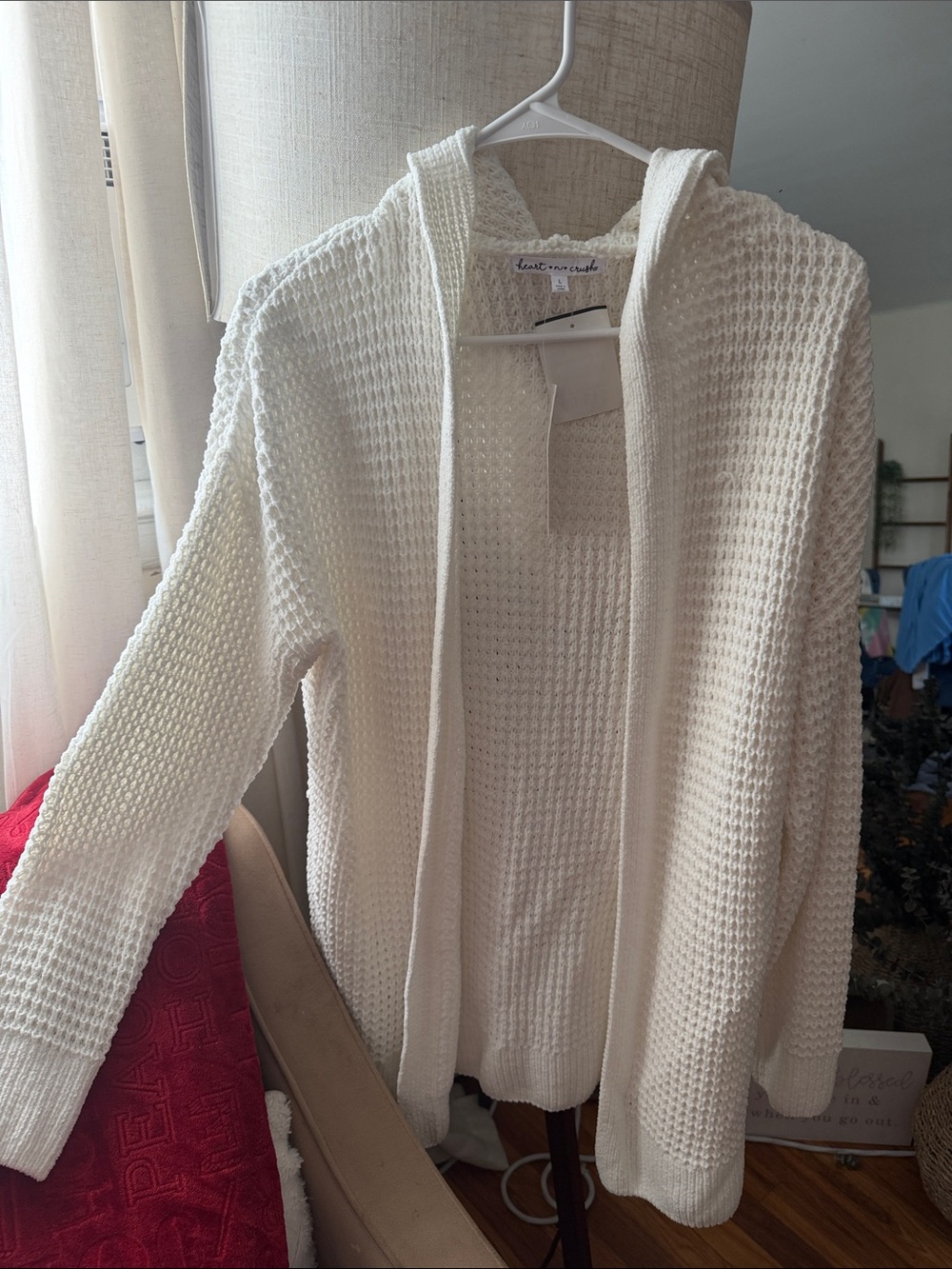 Cozy Hooded Waffle Knit Cardigan - Cream
